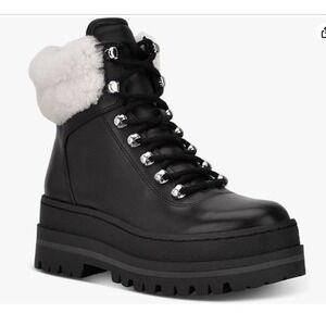 Marc Fisher Leather Platform Lug Sole Shearling Cuff Lace Up Ankle Boots 6.5 NEW